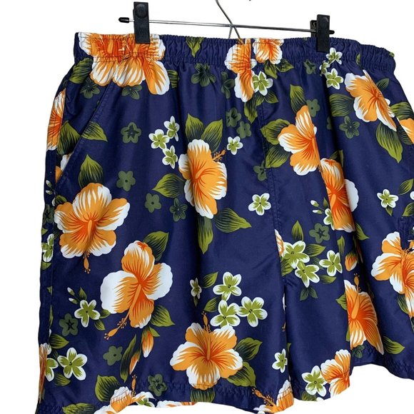 Sand N Sun Swim Trunks Hawaiian Floral Print Navy Blue Orange Lined Pockets 2XL - Picture 2 of 9